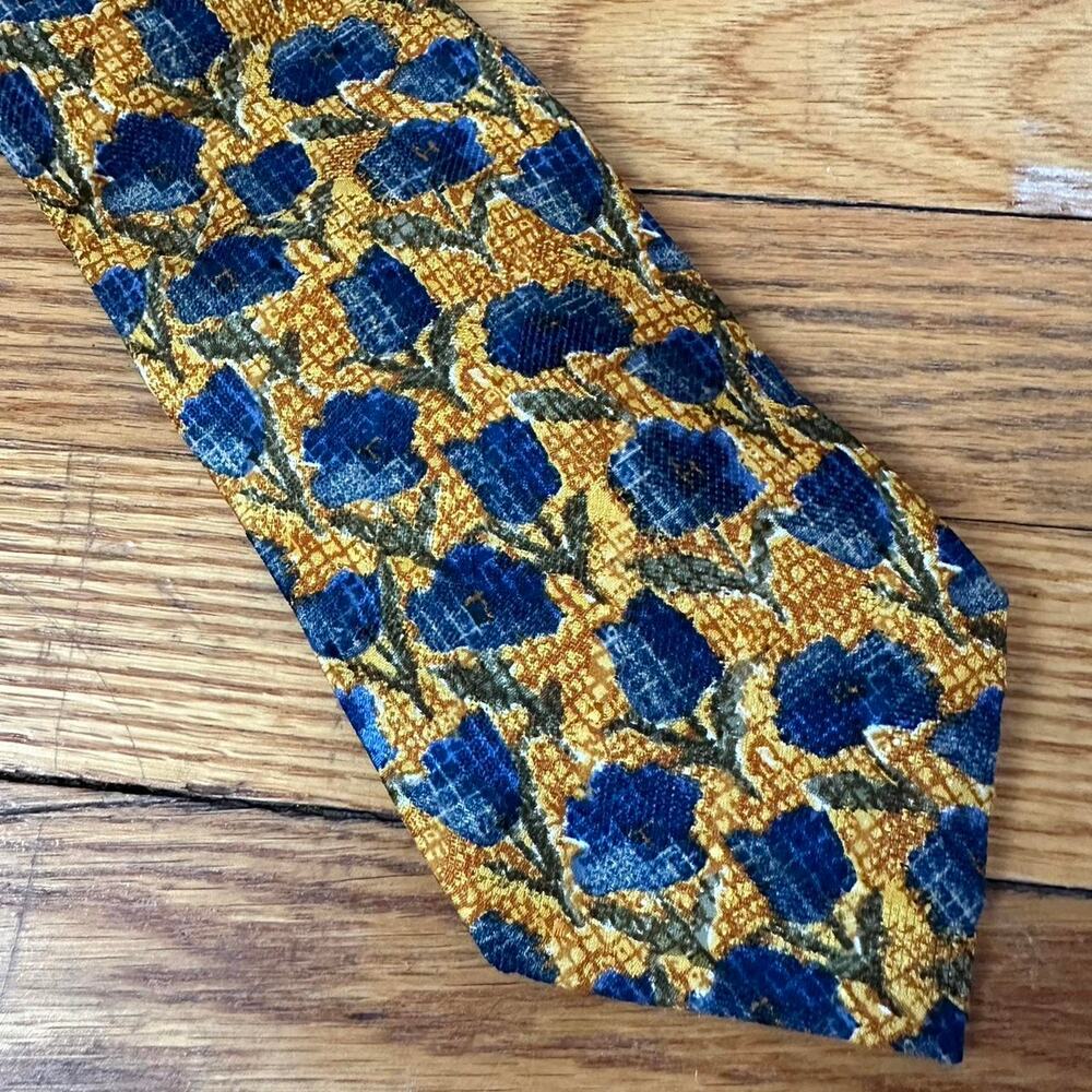 Vintage Ermenegildo Zegna Silk Tie Navy Yellow Beige Floral Abstract 1970s